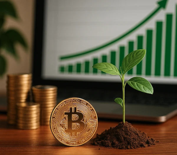 Zöld növény és arany Bitcoin érme növekedést jelző grafikon előtt, a fenntartható befektetések szimbólumaként